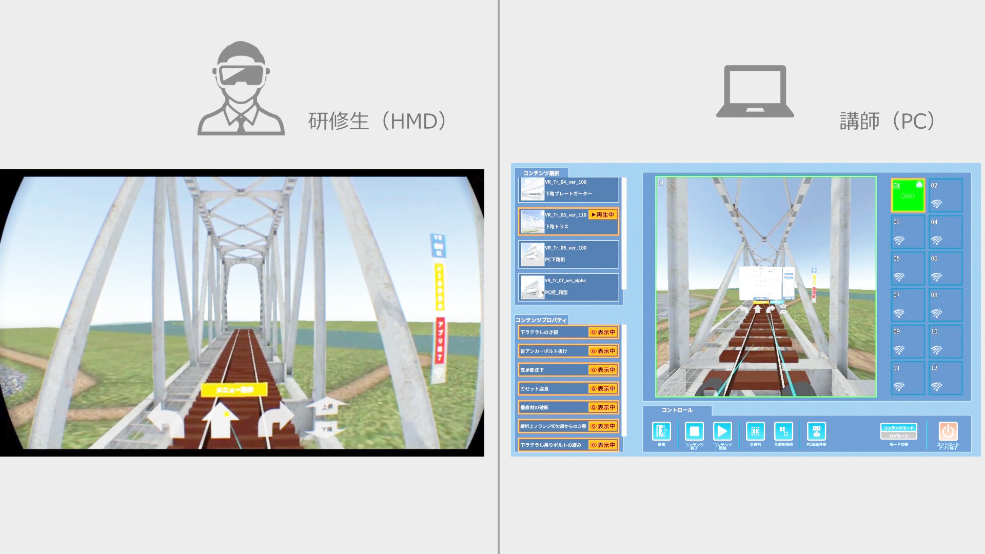 HMD（VRゴーグル）とPC画面によるインフラ点検・訓練用のデジタルツイン連携イメージ